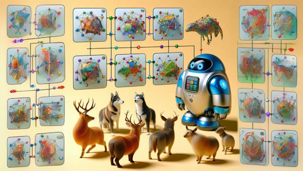 ربات در حال نگاه کردن به الگوریتم های مختلف است و حیوانات مختلفی در اطراف او وجود دارند