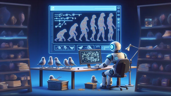 ربات هوش مصنوعی در حال طراحی شیوه تکامل انسان با کامپیوتر است و تعدادی پرنده در اطراف آن وجود دارد