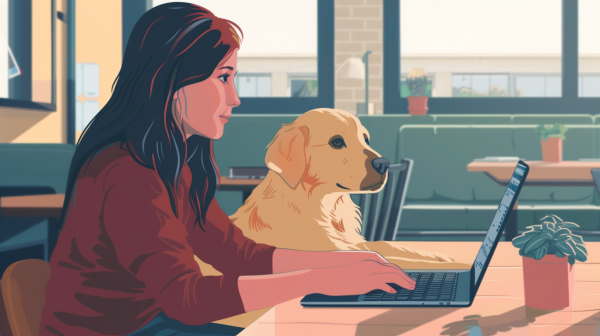 خانمی در کنار سگ خود با لپتاپ کار می‌کنند. 