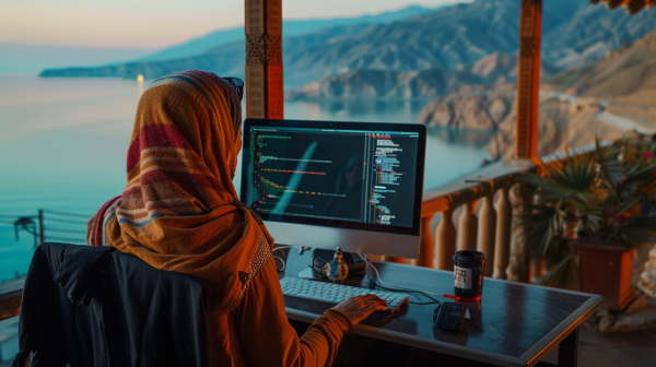 خانم برنامه نویس در حال کار با کامپیوتر در مقابل پنجره‌ای رو به ساحل نشسته است. - فریم ورک های پایتون