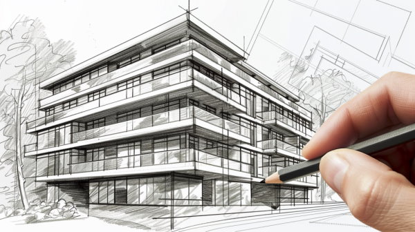 یک دست با مداد در حال طراحی یک ساختمان چند طبقه در نمای پرسپکتیو 