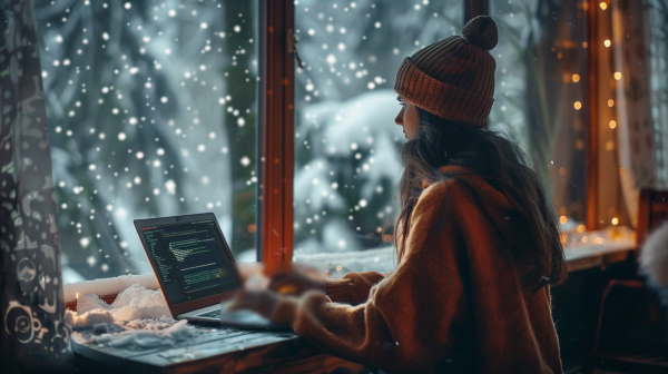 دخترک برنامه نویس در حال کدنویسی در مقابل پنجره در زمستان است.