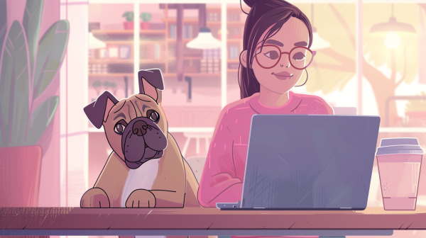 دختری در حال کار با لپتاپ است. سگش به او خیره شده است.