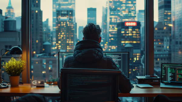 برنامه نویسی در مقابل پنجره رو به برج‌ها نشسته و کار می‌کند.