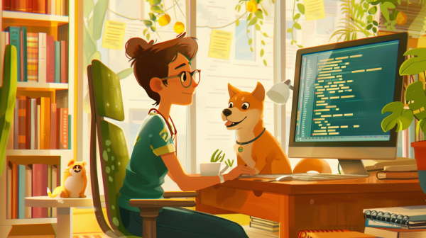 برنامه نویس در حال کار با کامپیوتر در منزل شخصی خود است. سگش در مقابل او به روی میز نشسته است