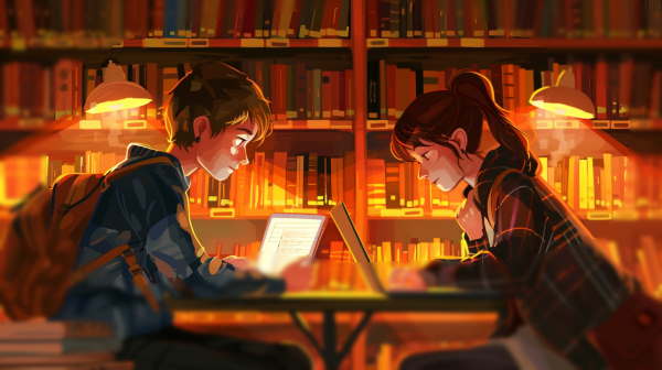 دختر و پسر در کتابخانه بر روی میز مطالعه مشغول کار با لپتاپ هستند.