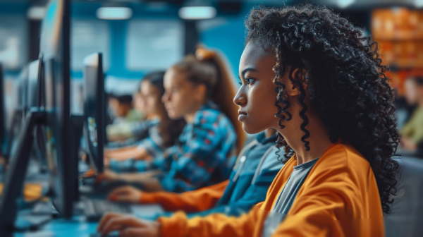 دختر سیاه پوست با موهای فرفری در حال کار با کامپیوتر است.- دستور Union در SQL
