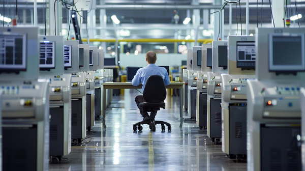 یک مرد در یک شرکت پر از کامپیوتر پشت میز نشسته و با لپتاپ کار می‌کند.