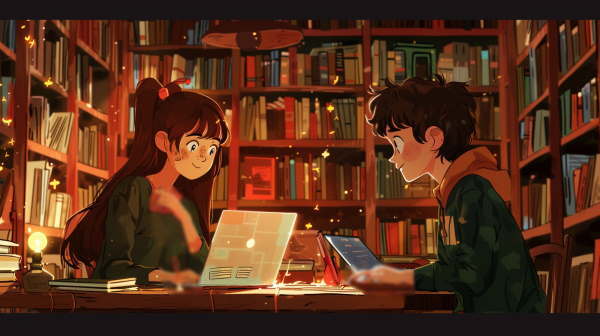 دختر و پسر با لپتاپ‌هایشان در کتابخانه نشسته اند - Void در برنامه نویسی چیست
