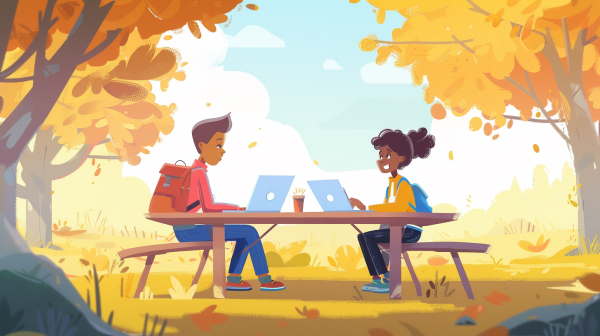دختر و پسر در هوای آزاد کنارهم نشسته و با کامپیوتر کار می‌کنند.
