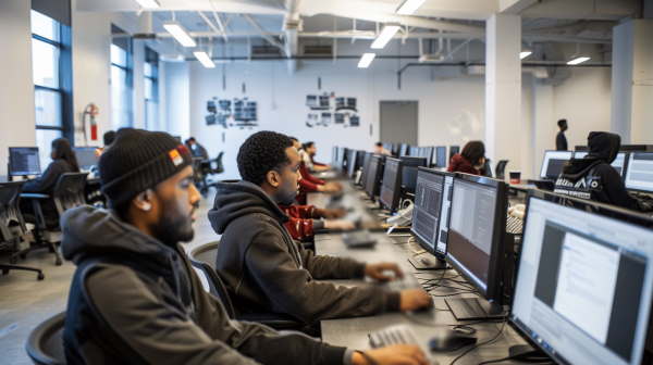 چند دانشجوی برنامه نویسی در کلاس عملی خود در حال کار با کامپیوترهایشان هستند.