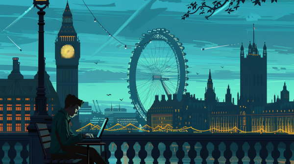 مرد جوانی در کنار رودخانه تایمز در لندن در حال کار با لپتاپ خویش است.