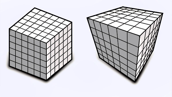 مقایسه نمای پرسپکتیو (شکل راست) با نمای ایزومتریک (شکل چپ)