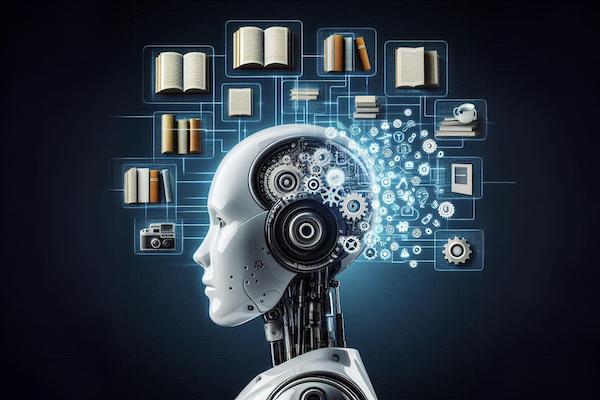 جریانی از اطلاعات اطراف سر یک ربات که بیانگر مفهوم یادگیری ماشین است