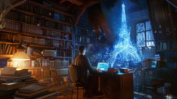 مردی در اتاق خود پشت میز کار نشسته. اتاق دارای کتابخانه بزرگی است. تصویر هولوگرامی برج ایفل در روبروی مرد قرار دارد.