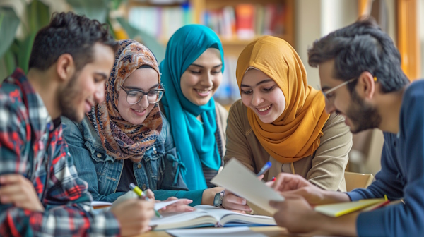 چند دانش آموز در کتابخانه مدرسه در حال خواندن درس عربی هستند