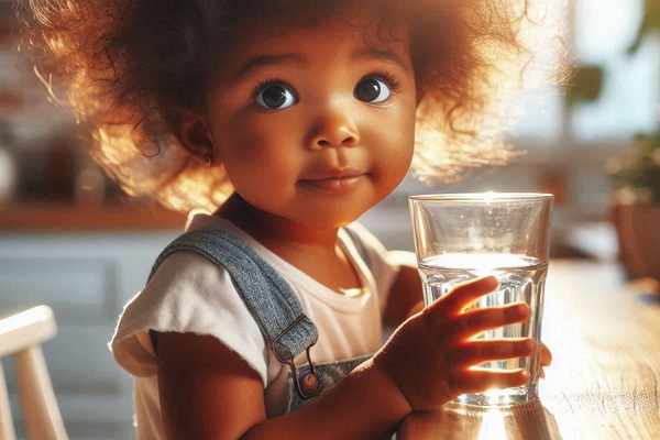 کودکی که لیوان آب به دست دارد 