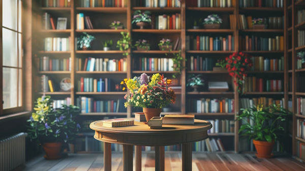 چند قفسه کتاب با یک میز و گلدان ها و کتاب هایی که روی میز قرار گرفته اند