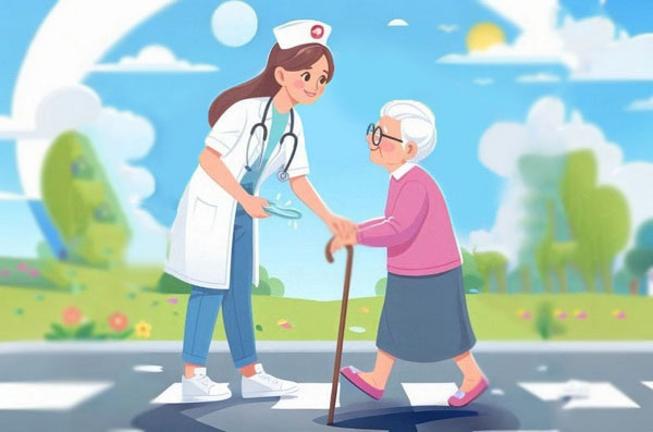 نقاشی زن پرستار در حال کمک به یک پیرزن