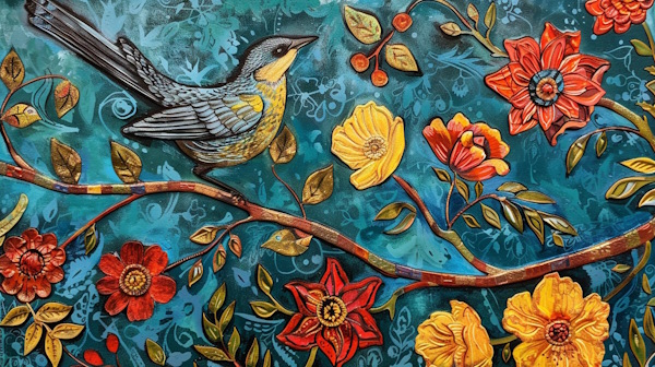 یک پرنده روی شاخه درخت و در میان گل ها نشسته است - شیوه بلاغی چیست