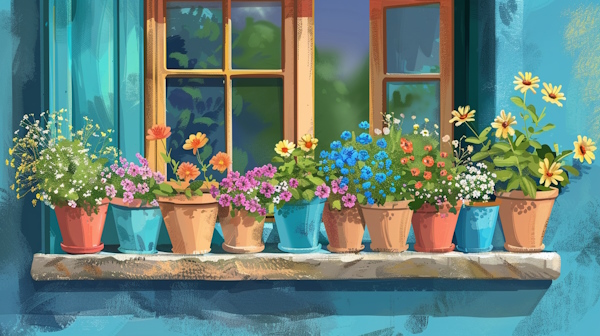 چند گل و گلدان در کنار پنجره چوبی قرار داده شده اند
