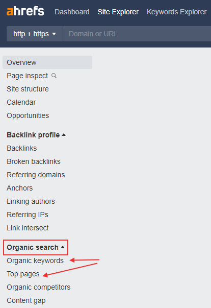 منوی سمت چپ Organic Search در داشبورد اصلی ابزار Ahrefs - کیورد گپ چیست