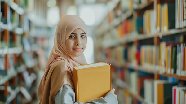یک دانش آموز عرب زبان در کتابخانه در حالی که یک کتاب عربی را نگه داشته است - قواعد عربی دهم انسانی