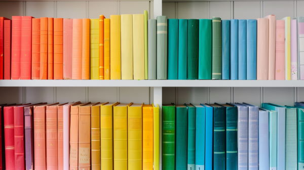 تصویر چند کتاب رنگی در کتابخانه