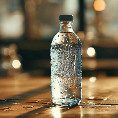 یک بطری آب روی میز است، در حالی که روی دیواره بطری قطرات آب ایجاد شده‌اند. 