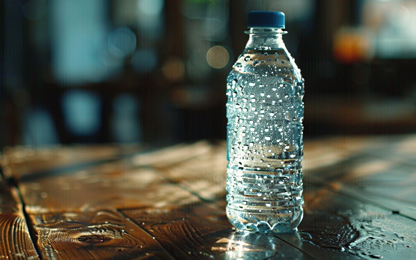 یک بطری آب با قطرات آب روی دیواره خارجی‌اش، روی یک میز چوبی قرار دارد - میعان چیست