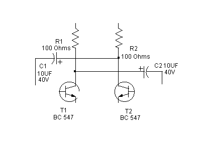 دو ترانزیستور و خازن و مقاومت در یک مدار 