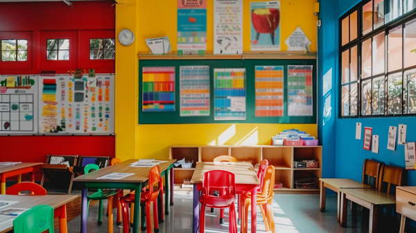 تصویر یک کلاس با صندلی‌های رنگی