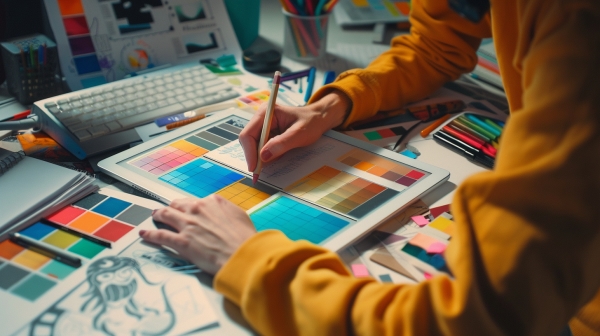 نمای نزدیک دو طراح در حال انتخاب رنگ ها از روی پالت های چاپی - برندینگ چیست