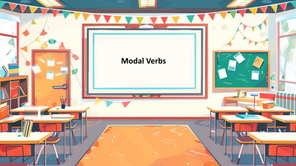 تصویر تخته در کلاس درس که روی آن نوشته شده Modal Verbs