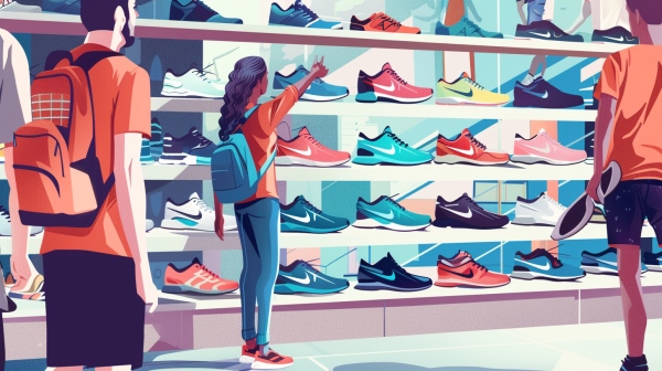 مشتریان در کفش فروشی به طرف کفش نایک اشاره می کنند