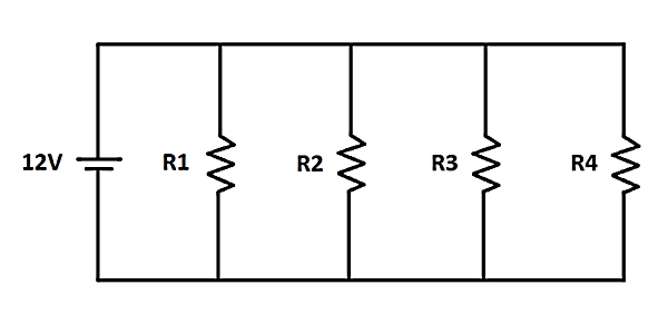 تصویری از یک مدار شامل چهار مقاومت و یک باتری