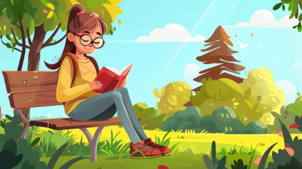 تصویر دختری که روی نیمکت نشسته است و مطالعه می‌کند.