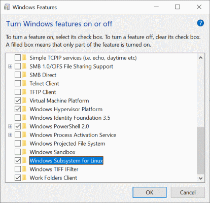 پنجره Windows Features در ویندوز برای نصب WSL