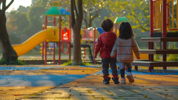 تصویر دو بچه در حال پیاده‌روی در پارک