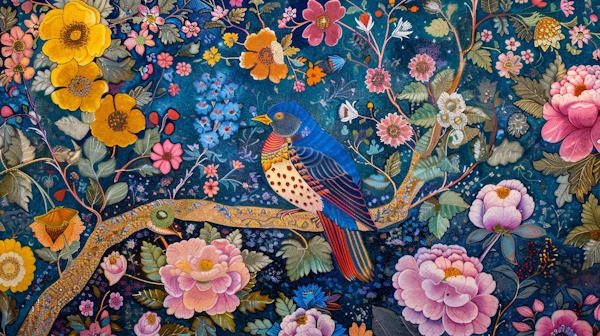 پرنده و گلهای مینیاتوری ایرانی
