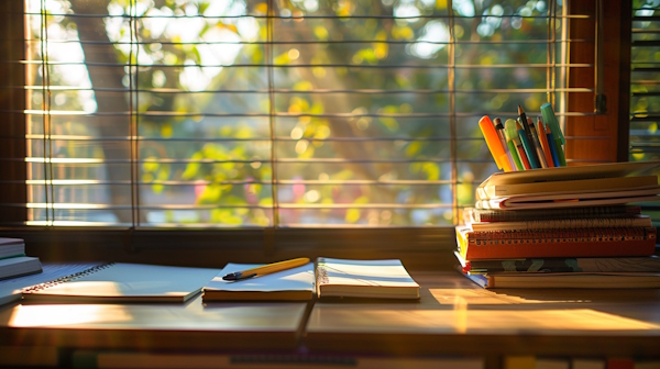 چند دفتر و مداد روی میز چوبی و در کنار پنجره قرار دارند