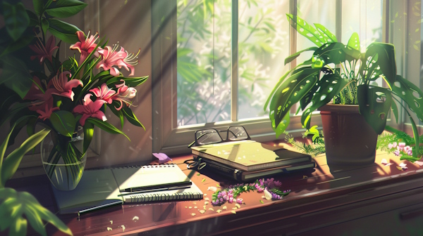 چند گل و گلدان و دفتر و مداد روی میز و در کنار پنجره قرار دارند - قواعد عربی نهم
