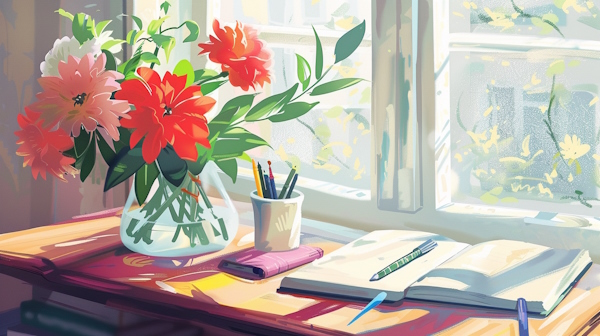 یک دفتر و چند مداد و گلدان روی میز چوبی قرار دارند