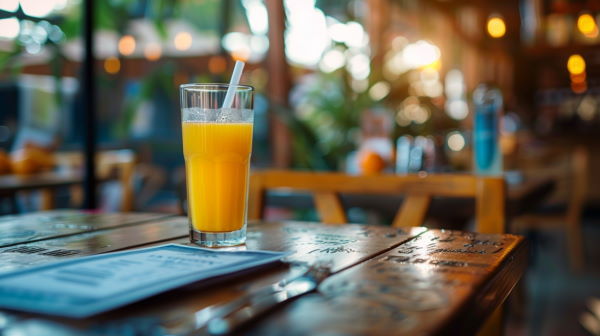 یک لیوان آب‌پرتقال روی میز در رستوران