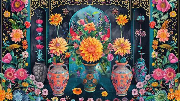 چند گلدان سنتی ایرانی پر از گل های رنگی با پس زمینه نقوش سنتی ایرانی