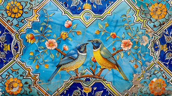 کاشی ایرانی با طرح گل و مرغ