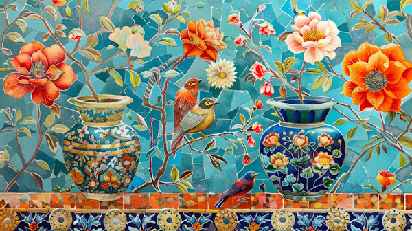 کاشی ایرانی با طرح گلدان های سنتی و پرنده و گل های ایرانی