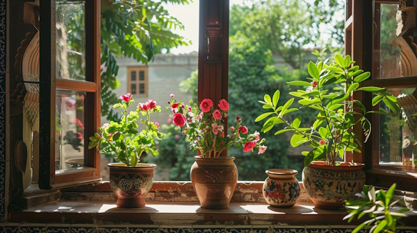 چند گل و گلدان سفالی در کنار پنجره چوبی با پس زمینه یک خانه قدیمی ایرانی