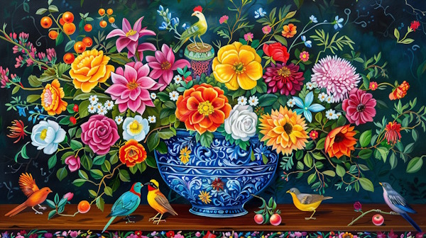 یک گلدان سنتی با گل و پرنده های ایرانی - فعل اسنادی چیست