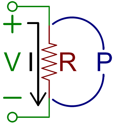 بخشی از مدار شامل یک قطعه زیگزاگی و نوشته v، i و p